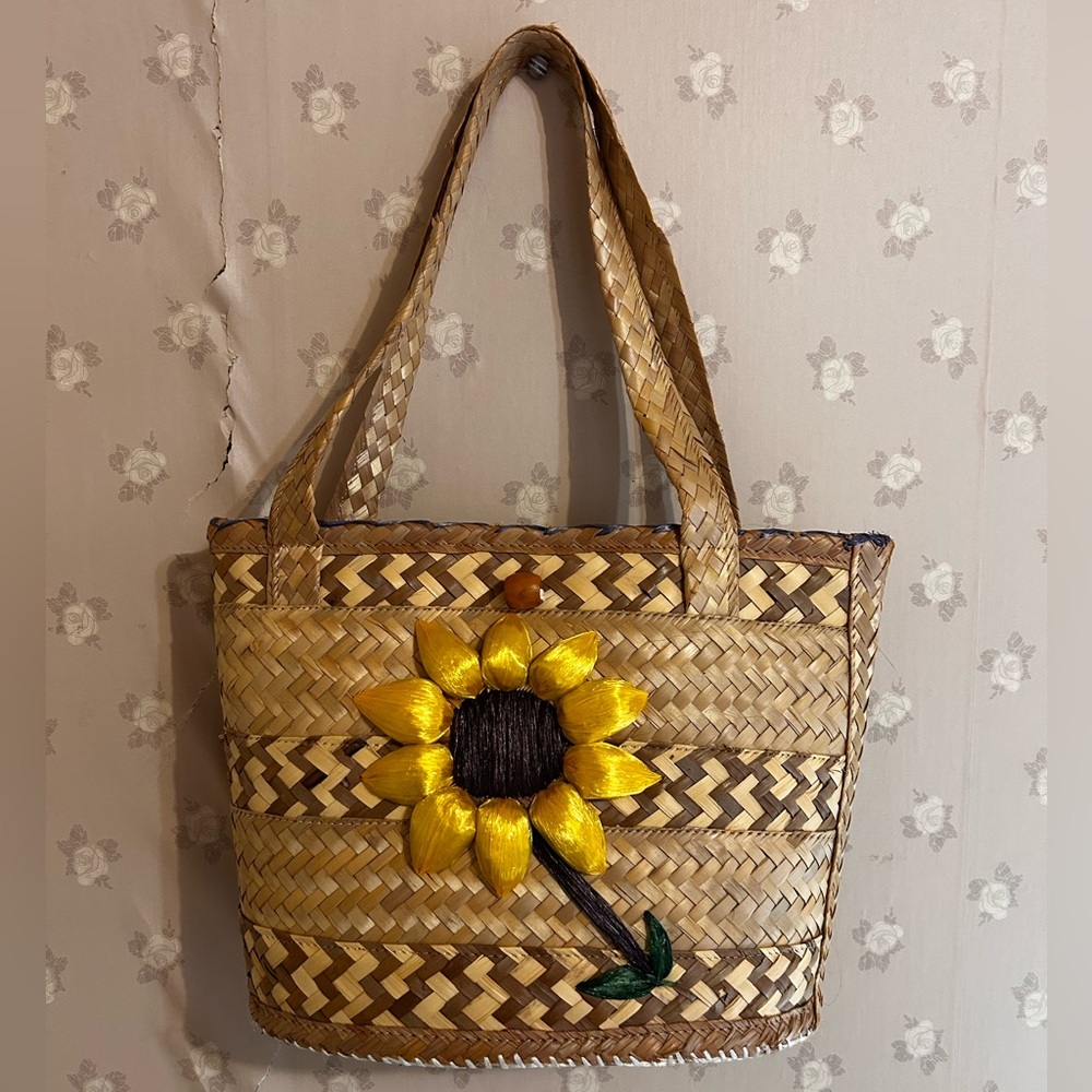 Sunflower Straw Tote Bag - Yellow Tan Vintage Handwoven